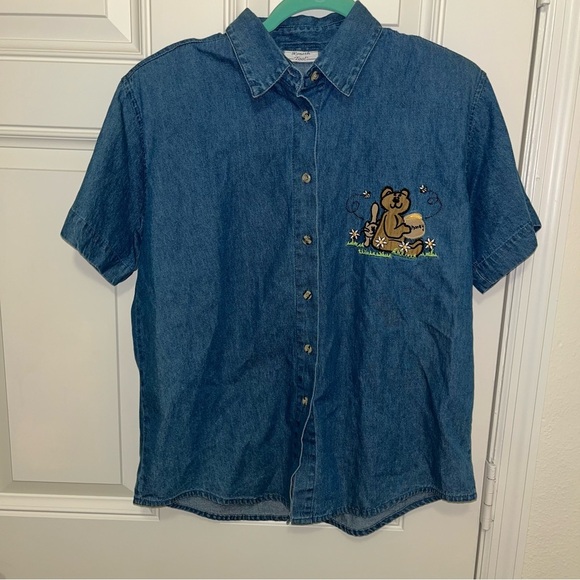 Vintage 90s y2k denim button shirt bear honey bees shoulder pads S new nwt - Picture 3 of 6